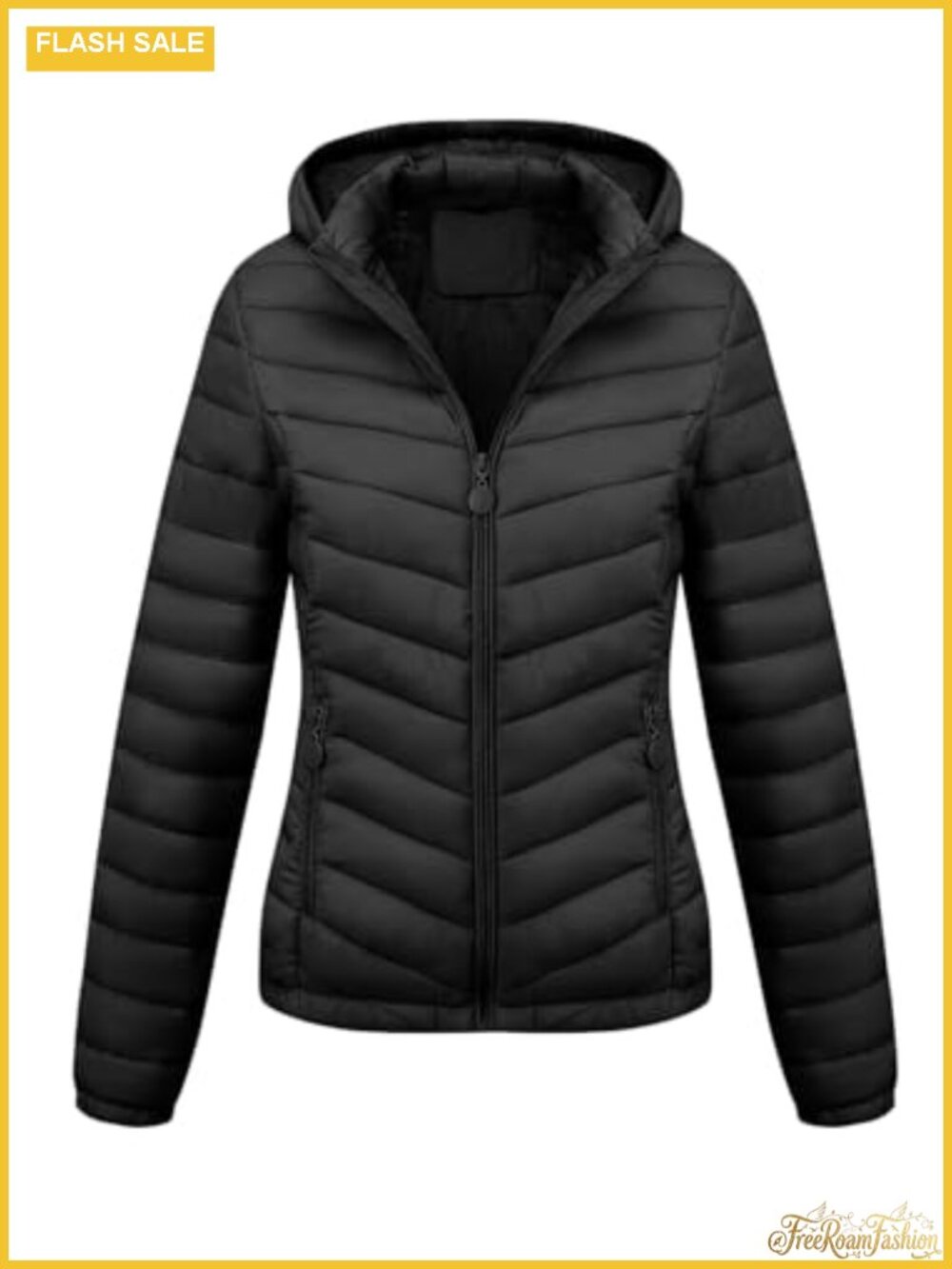 Quilted Lightweight Puffer Jacket Hooded Zip Slant Pockets Fitted
